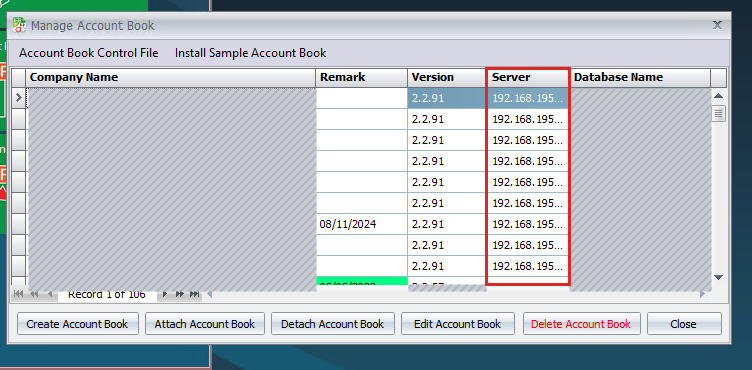 Manage Account Book window with the Server column marked
