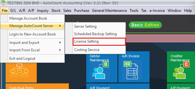 File menu, Manage AutoCount Server, License Setting marked